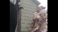 Outdoor fat tattooed bbw first time getting peed on gives blow job